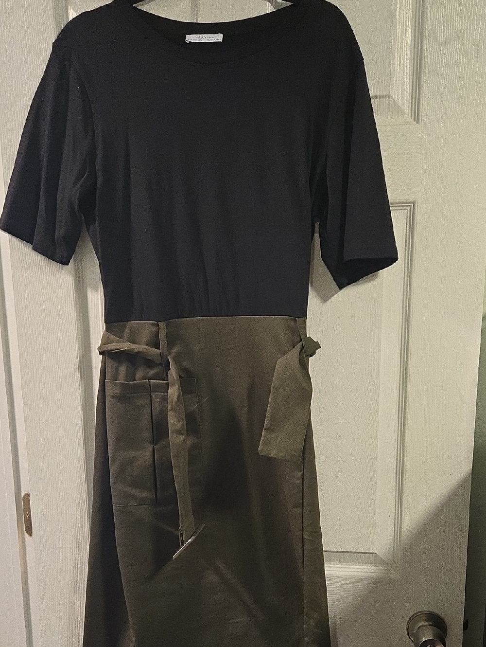 Zara Black Top with Olive Green Apron Skirt Belted Size XL